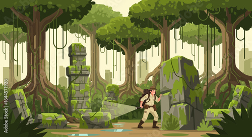 Adventurer Exploring Ancient Ruins in a Lush Jungle with Tall Trees and Stone Structures