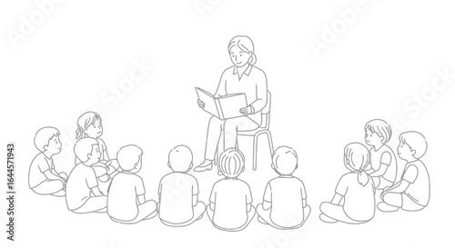 A teacher sits on a chair reading a book to a group of children sitting in a semi-circle on the floor, listening attentively.