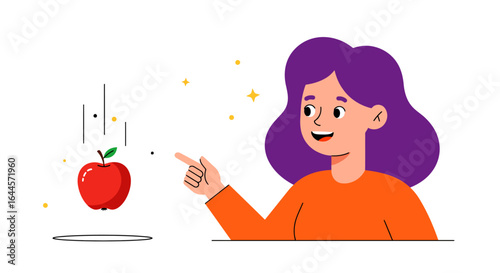 Smiling woman pointing at a floating red apple, representing health and nutrition.