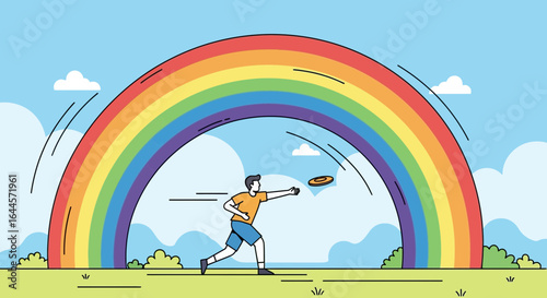 A joyful day: Man throwing frisbee under a vibrant rainbow in a beautiful natural setting perfect for advertising and recreational activities