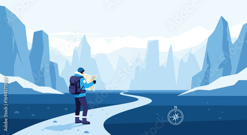 Adventurer Exploring The Arctic Landscape With Map Illustration Isolated
