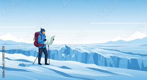 Adventurer Navigating Through Frozen Wilderness With Map During Cold Expedition Challenge
