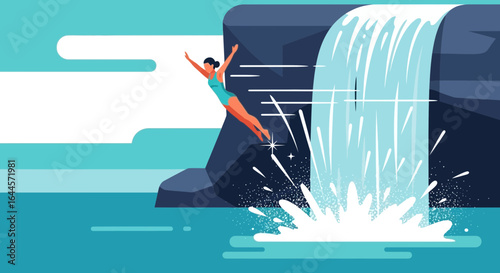 A joyful woman leaps from a rocky cliff into the refreshing waters of a waterfall offering a sense of freedom and adventure