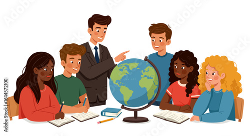 Teacher explaining globe to students in classroom learning geography together high quality professional