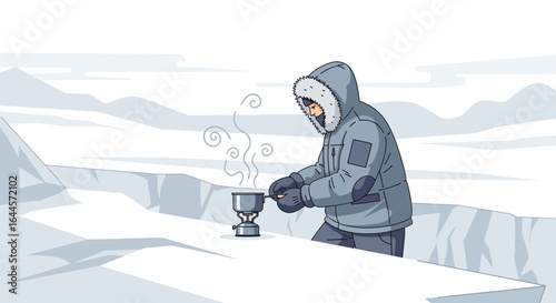 A lone figure cooking in a desolate winter landscape adventure exploration cartoon