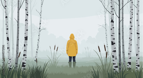 A lone figure in a yellow raincoat standing amidst a misty birch forest scene illustration