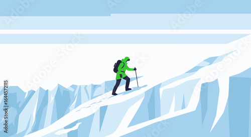 A lone hiker conquers a snowy mountain peak with determination and resilience as an illustration for adventure and achievement