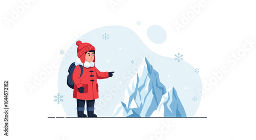 Adventurous Boy In Winter Clothes Pointing To Mountain Peak Surrounded By Snowflakes