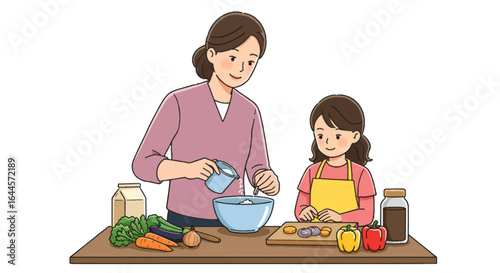 A loving mother and her daughter happily cooking together, preparing a healthy meal with fresh vegetables at a kitchen counter.