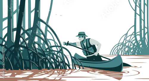A man paddles a canoe through a dense mangrove forest providing a sense of exploration and adventure