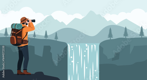 Adventurous Hiker Exploring Distant Mountains With Binoculars Near Waterfall