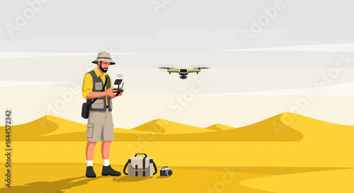 A man piloting a drone in a desert landscape, capturing stunning aerial views and documenting its beauty
