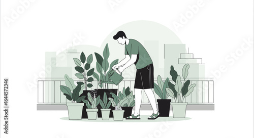 A man taking care of his plants in the balcony with a watering can on a terrace urban gardening concept illustration, flat illustration