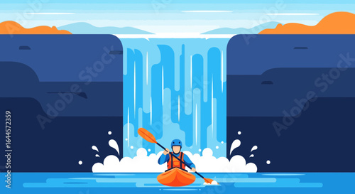 Adventurous kayaking experience in front of a majestic waterfall surrounded by cliffs