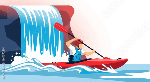 Adventurous kayaker enjoying the thrill of paddling through a stunning waterfall setting