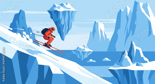 Adventurous Skier Carving Through Powder Snow Against Surreal Icy Arctic Landscape