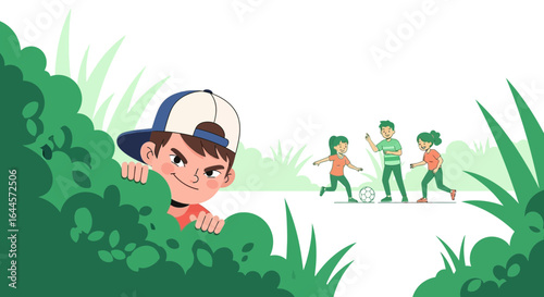 A mischievous boy hiding in bushes watches children playing soccer, capturing childhood innocence and playful antics in the park