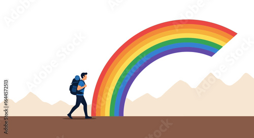 Adventurous traveler journeying towards a vibrant rainbow in a mountainous landscape a symbol of hope and positivity
