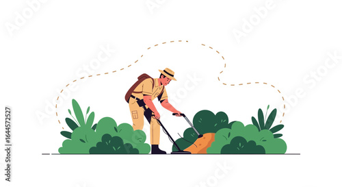 Adventurous treasure hunter exploring the wild with a metal detector in search of hidden fortunes