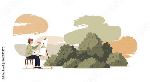 A picturesque outdoor scene featuring an artist passionately painting a landscape on canvas, embracing nature's beauty