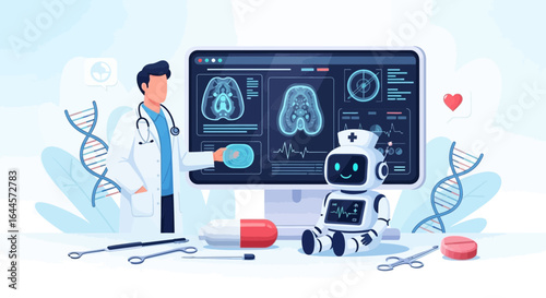 AI in healthcare showing doctor working with medical robot and advanced diagnostics
