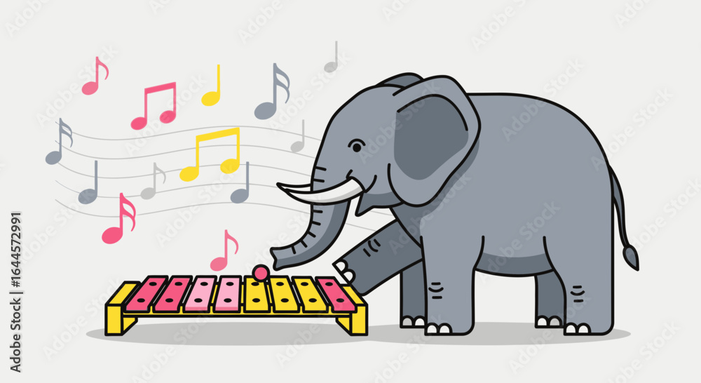 Naklejka premium An adorable elephant plays a colorful xylophone with music notes floating around playfully creating a whimsical and cheerful scene