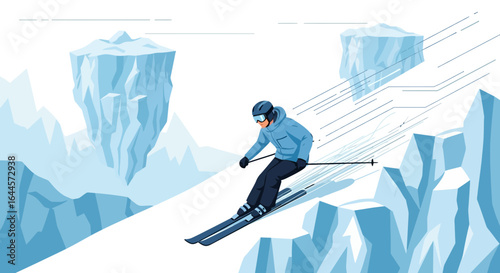 Alpine adventure: A skier gracefully descends a snow-covered mountain slope illustration