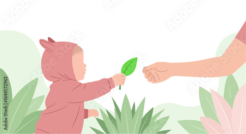 An adorable baby in a bunny suit offering a green leaf to an adult's reaching hand illustration conveying innocence and nature connection