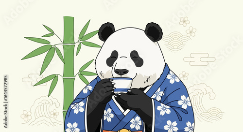 An adorable panda enjoying a cup of tea while dressed in a traditional kimono Japanese style