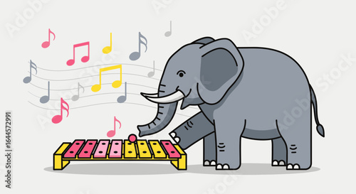 An adorable elephant plays a colorful xylophone with music notes floating around playfully creating a whimsical and cheerful scene