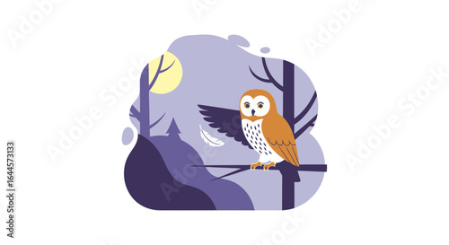 An enchanting illustration of an owl perched on a branch in a serene forest landscape during a full moon night
