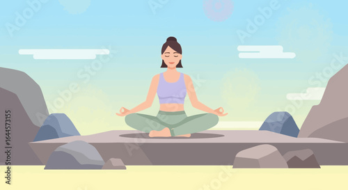 A serene illustration of a woman practicing yoga outdoors amidst a calming landscape