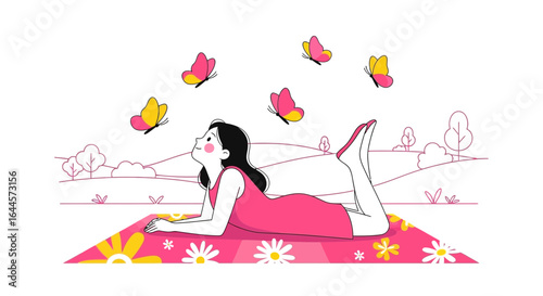 A serene illustration of a woman relaxing outdoors surrounded by butterflies and nature