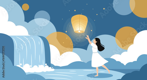 A serene illustration of a woman releasing a sky lantern near a waterfall at night expressing hope and freedom