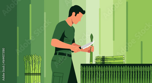 An illustration of a man preparing asparagus with a knife on a green background showcasing fresh produce and culinary skills