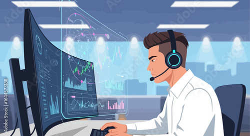 An illustration of a stock broker wearing headset, analyzing data on a curved monitor at his work station