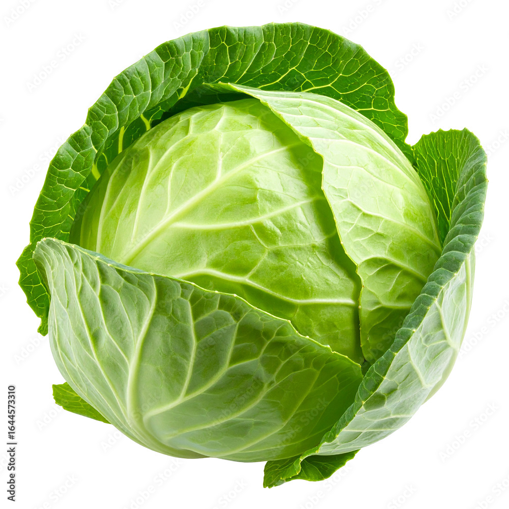 Obraz premium Fresh Green Cabbage Isolated On White Background: A vibrant and crisp head of green cabbage, perfectly illustrating the freshness and purity of nature's bounty.