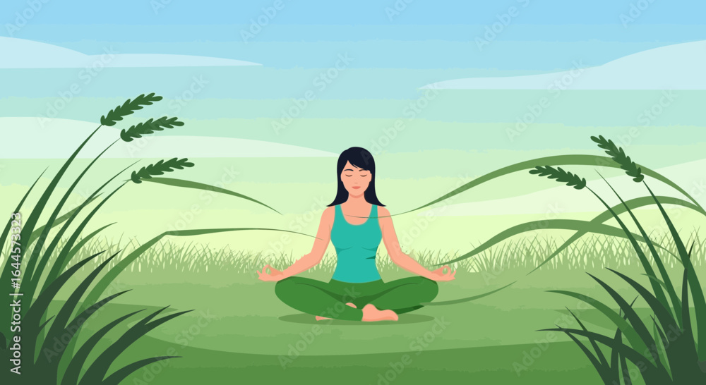 custom made wallpaper toronto digitalA serene scene of a woman practicing yoga in a peaceful meadow landscape