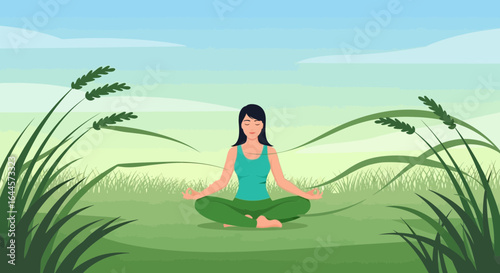 A serene scene of a woman practicing yoga in a peaceful meadow landscape