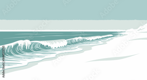 A serene seascape featuring gentle waves lapping onto a pristine shore in soothing teal and white tones representing tranquility and peace