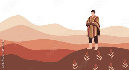 Andean man with traditional poncho contemplating landscape of mountains and quinoa plants, cultural heritage and serenity, illustration