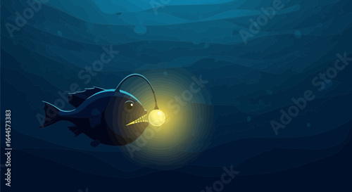 Anglerfish illustration in the deep sea glowing and hunting for prey in the deep dark depths of the ocean