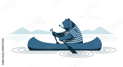 A serene vector illustration of a bear peacefully paddling a canoe on a lake surrounded by mountains and clouds