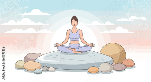 A serene woman practices yoga in lotus position on a rock meditating calmly in nature offering a sense of tranquility and wellbeing