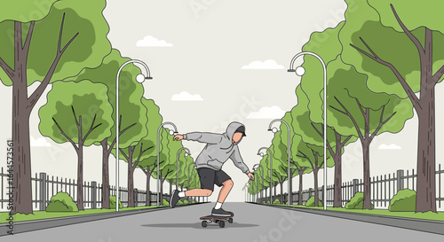 A skateboarder skillfully riding down a scenic tree-lined street illustration