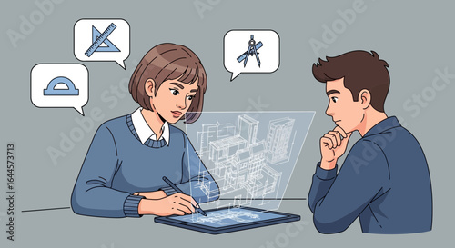 Architects collaborating on a digital building design for a future urban development project using tablet
