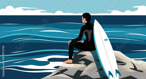 A surfer contemplates the ocean, embodying the essence of surf culture and coastal serenity portrayed through stylized vector art