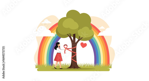 A symbolic illustration of hope and love, featuring a woman tying a ribbon around a tree in front of a rainbow
