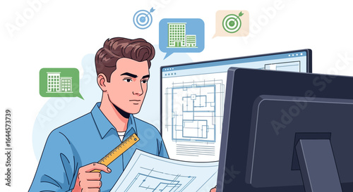 Architectural designer reviewing blueprints and computer-aided design for building projects focusing on accuracy and efficiency