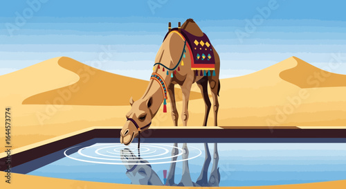 A thirsty camel drinks from a pool in a vast desert landscape in the afternoon